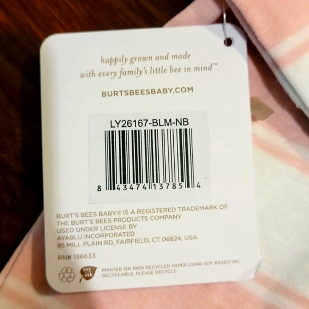 Burt's Bees Baby Pink Rugby Stripe Organic Cotton Zip Footed Pajama - Picture 7 of 7